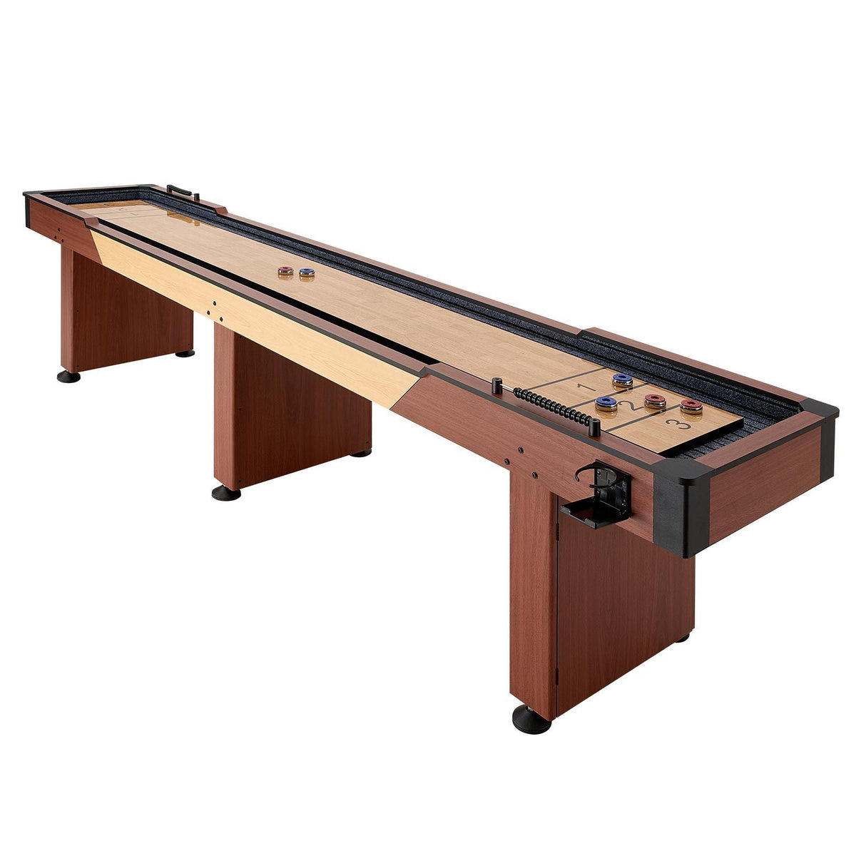 12 ft Shuffleboard Table, 2 in 1 Shuffleboard and Bowling Combo Set, Shuffle Board with Rustic Wood Finish, Scratch-Resistant Playfield, 8 Pucks, Bowling Set, Wax, Brush, for Family Game Room