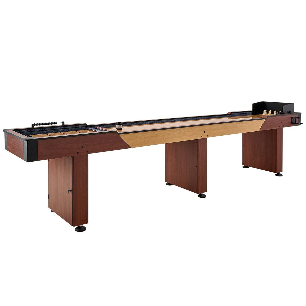 12 ft Shuffleboard Table, 2 in 1 Shuffleboard and Bowling Combo Set, Shuffle Board with Rustic Wood Finish, Scratch-Resistant Playfield, 8 Pucks, Bowling Set, Wax, Brush, for Family Game Room
