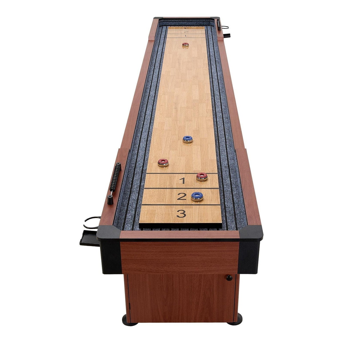 12 ft Shuffleboard Table, 2 in 1 Shuffleboard and Bowling Combo Set, Shuffle Board with Rustic Wood Finish, Scratch-Resistant Playfield, 8 Pucks, Bowling Set, Wax, Brush, for Family Game Room
