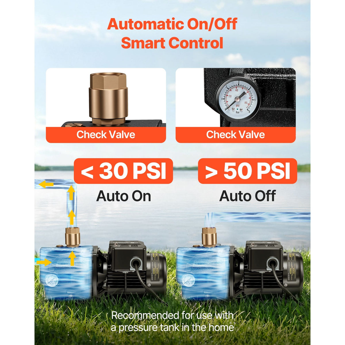 1/2 HP Shallow Well Jet Pump, AC 115/230 Volt, 790 GPH Dual Voltage Cast Iron Well Jet Pump, with 147 ft Max Head Lift, Automatic Pressure Switch, for Garden Irrigation Lawn Sprinkler System