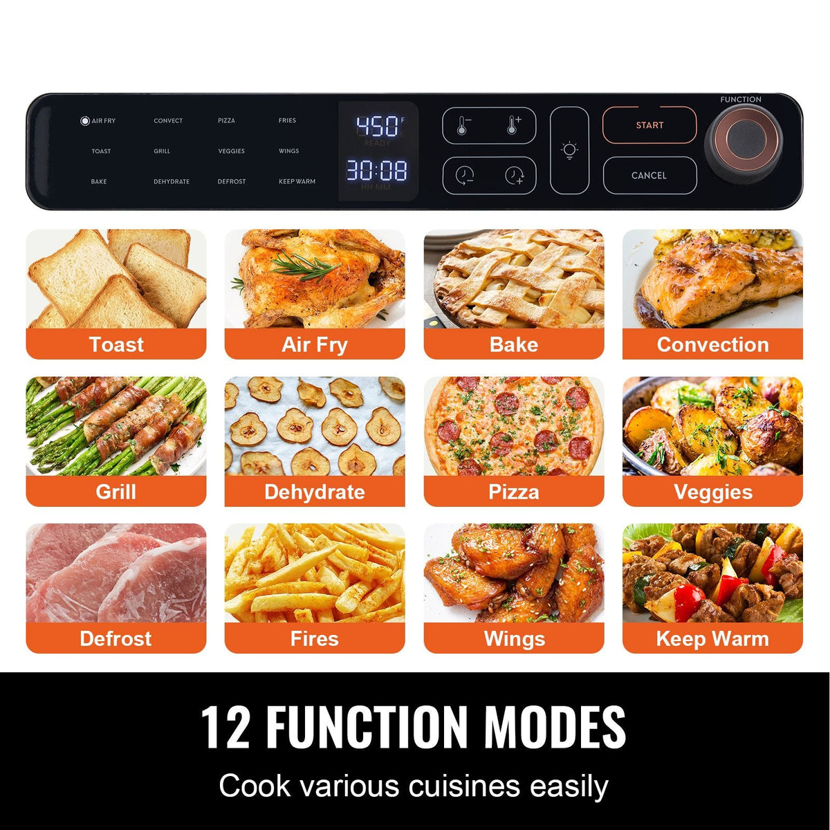 12-IN-1 Air Fryer Toaster Oven, 25L Convection Oven, 1700W Stainless Steel Toaster Ovens Countertop Combo with Grill, Pizza Pan, Gloves, 12 Slices Toast, 12-inch Pizza, Home and Commercial Use