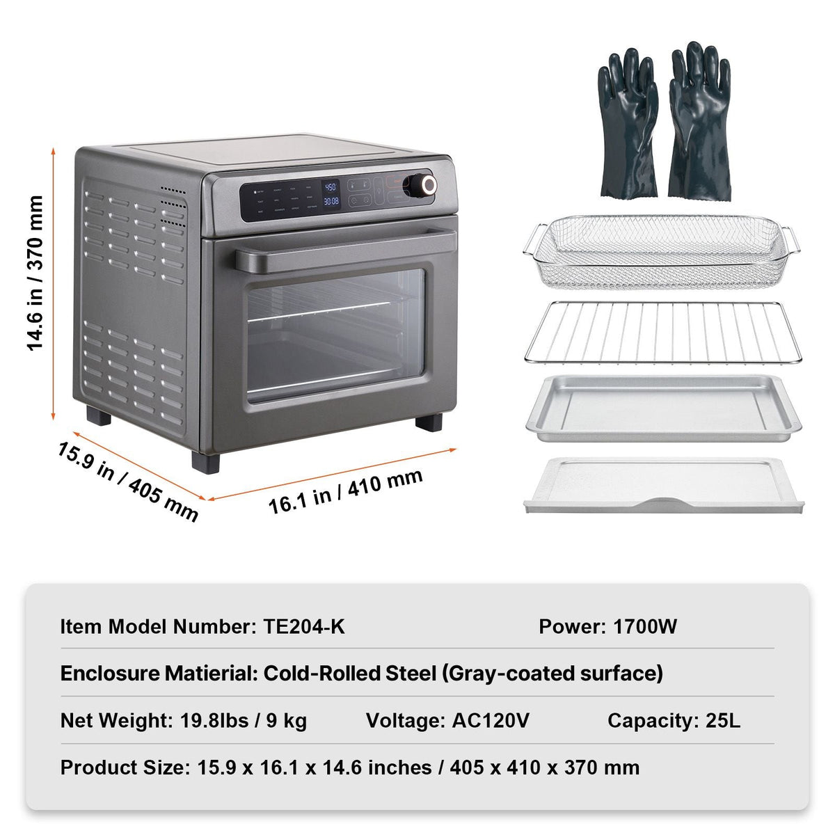 12-IN-1 Air Fryer Toaster Oven, 25L Convection Oven, 1700W Stainless Steel Toaster Ovens Countertop Combo with Grill, Pizza Pan, Gloves, 12 Slices Toast, 12-inch Pizza, Home and Commercial Use