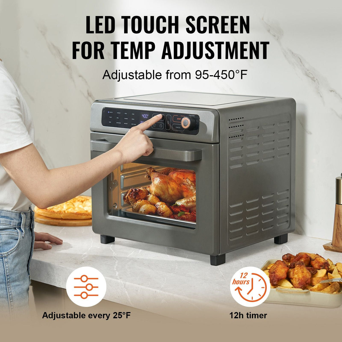 12-IN-1 Air Fryer Toaster Oven, 25L Convection Oven, 1700W Stainless Steel Toaster Ovens Countertop Combo with Grill, Pizza Pan, Gloves, 12 Slices Toast, 12-inch Pizza, Home and Commercial Use