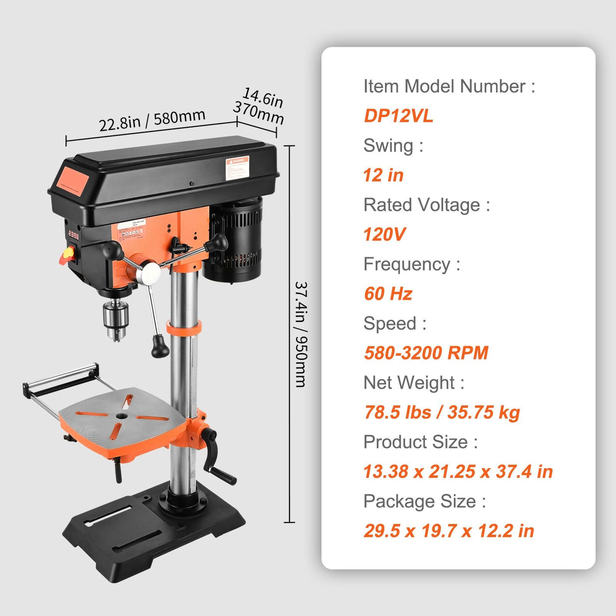 12 in Benchtop Drill Press, 5 Amp 120V, Variable Speed Cast Iron Bench Drill Press, 12 in Swing Distance 0-45° Tiltling Worktable with Laser Work Light, Tabletop Drilling Machine for Wood Metal