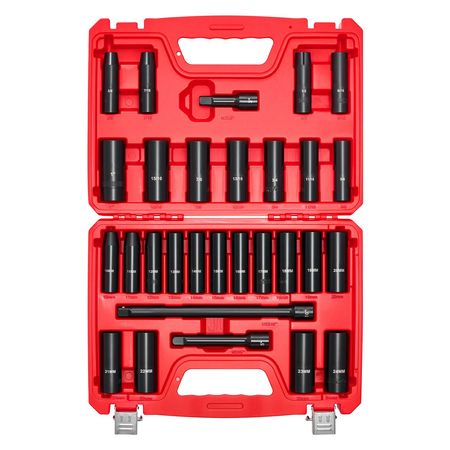 1/2 in Drive Impact Socket Set, 29 Piece, 6 Point Deep Impact Sockets, SAE (3/8 to 1 inch) and Metric (10 to 24 mm) Sizes with Extension Bars (3, 5, 10 in), Cr-V Steel, Heavy Duty Carrying Case