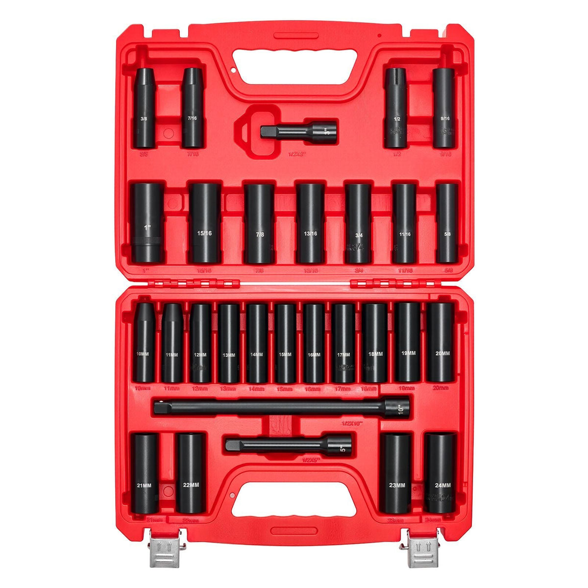 1/2 in Drive Impact Socket Set, 29 Piece, 6 Point Deep Impact Sockets, SAE (3/8 to 1 inch) and Metric (10 to 24 mm) Sizes with Extension Bars (3, 5, 10 in), Cr-V Steel, Heavy Duty Carrying Case