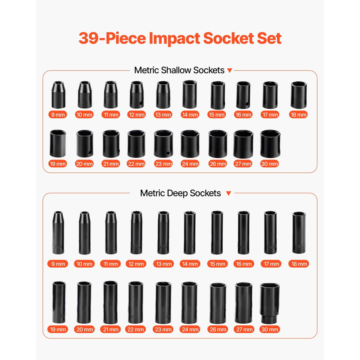 1/2 in Drive Impact Socket Set, 39 Piece, 6 Point Deep & Shallow Impact Sockets, Metric 9 to 30 mm, Cr-V Steel High Durability, with Universal Joint, Dual Size Markings, Heavy Duty Carrying Case