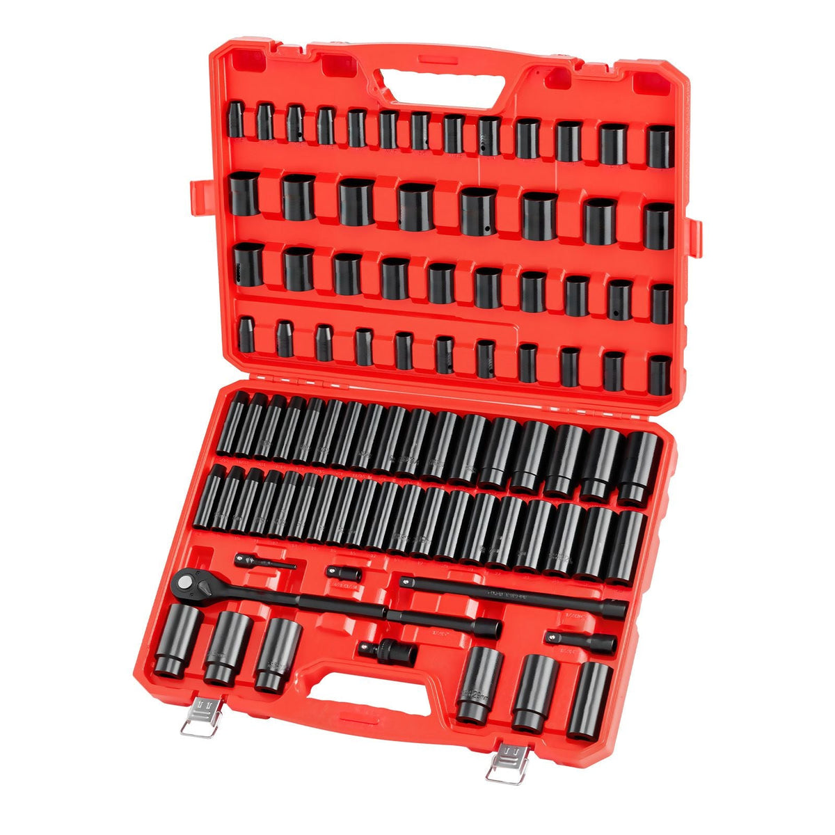 1/2 in Drive Impact Socket Set, 91 Piece, 6 Point Deep & Shallow Impact Sockets, SAE (5/16 to 1-1/4 in) and Metric (8 to 32 mm) Sizes with Extension Bars (3, 5, 10 in), Cr-V Steel, Carrying Case