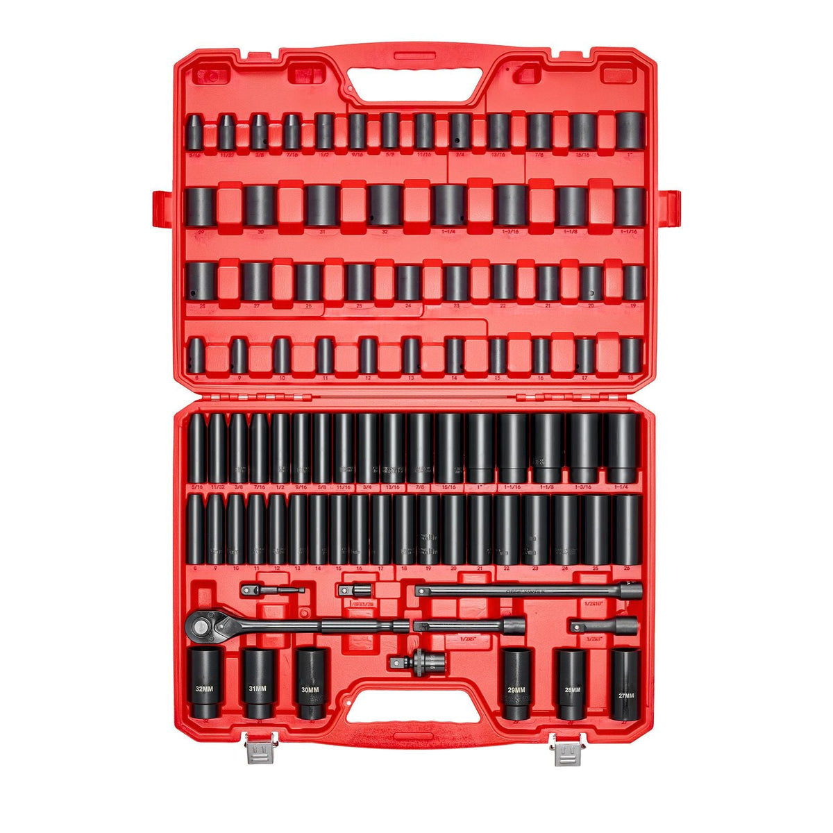 1/2 in Drive Impact Socket Set, 91 Piece, 6 Point Deep & Shallow Impact Sockets, SAE (5/16 to 1-1/4 in) and Metric (8 to 32 mm) Sizes with Extension Bars (3, 5, 10 in), Cr-V Steel, Carrying Case