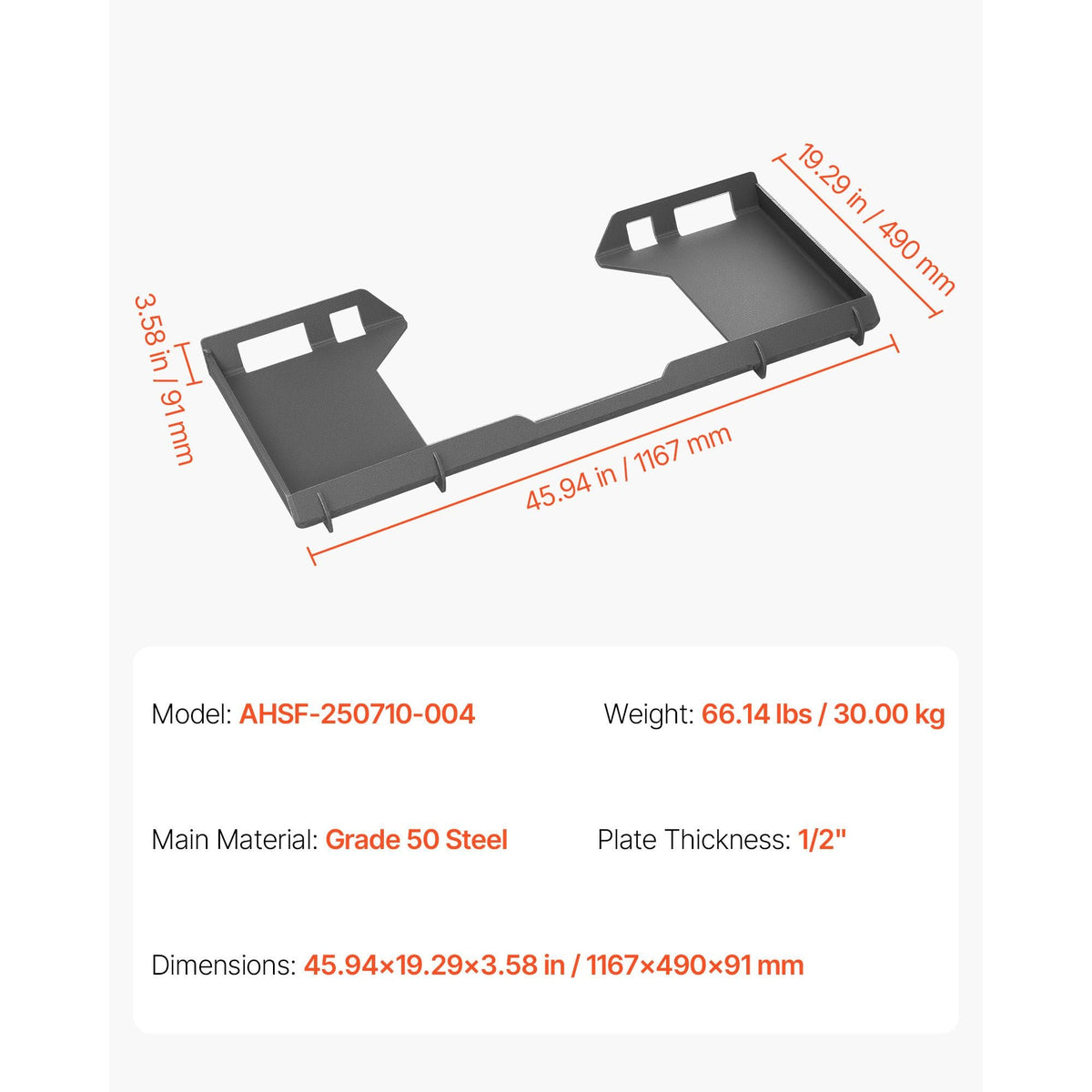 1/2 in Skid Steer Mount Plate, Universal Quick Attach Mount Plate, Cut Out Design, Easy to Bolt, 6000lbs Capacity, Heavy Duty Loader Plates Compatible with Kubota Bobcat Skid Steers & Tractors