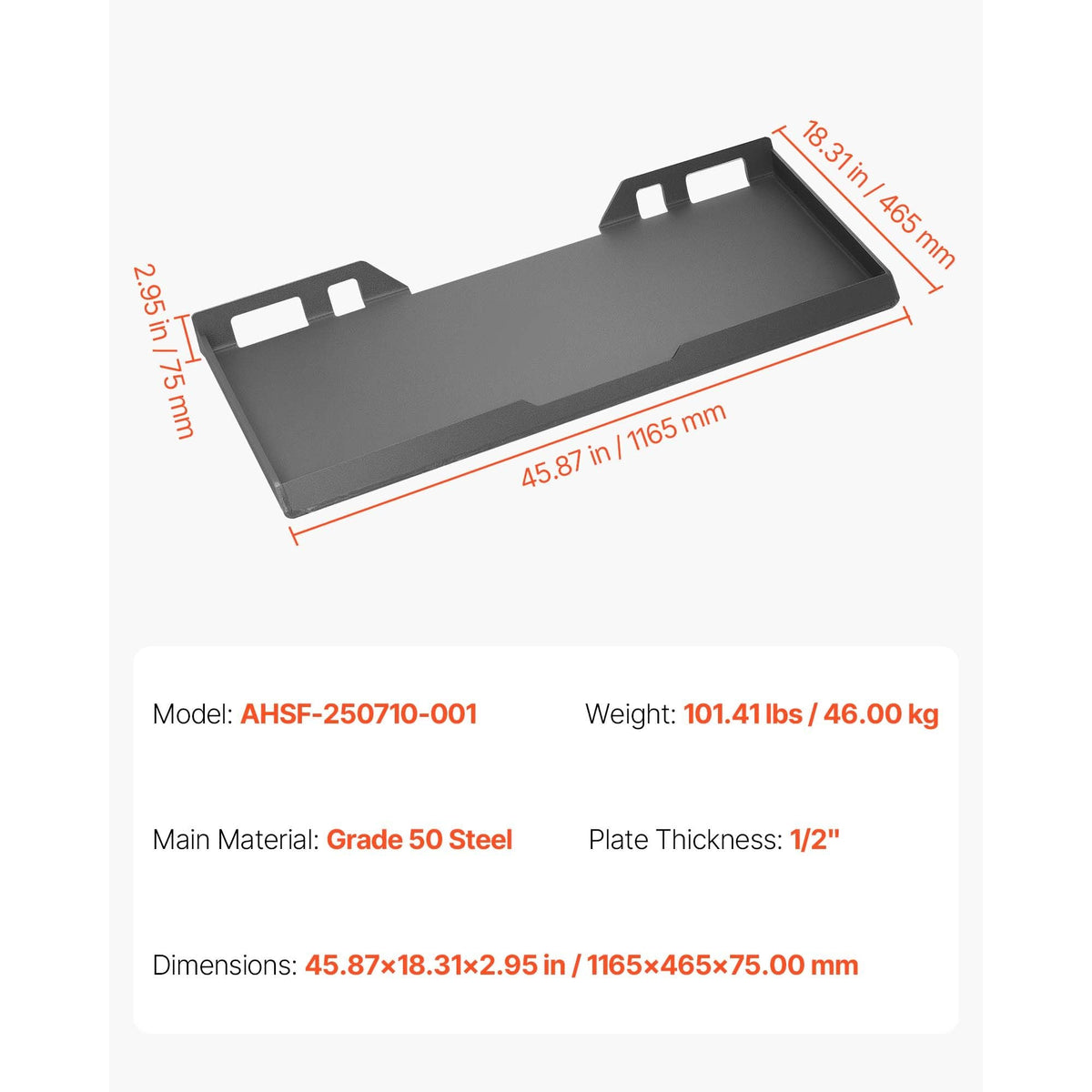 1/2 in Skid Steer Mount Plate, Universal Quick Attach Mount Plate, Easy to Bolt, 9000lbs Load Capacity, Heavy Duty Steel Loader Plates Compatible with Kubota Bobcat Skid Steers & Tractors
