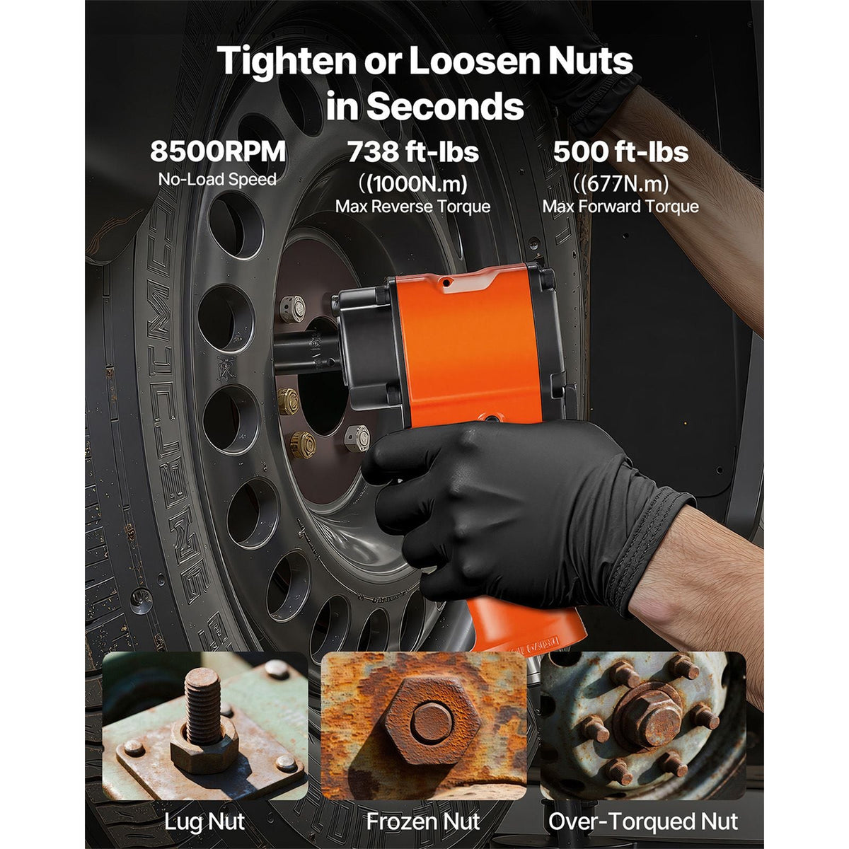 1/2-Inch Air Impact Wrench, Up to 738 ft-lbs Nut-busting Torque, Stubby Size & Lightweight Pneumatic Impact Gun for Auto Repairs and Maintenance