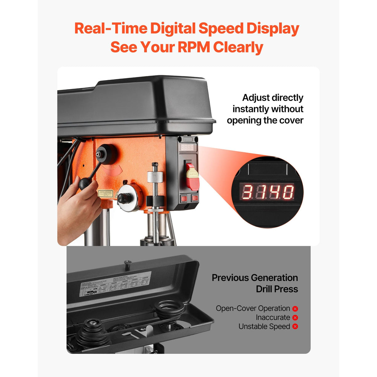 12-Inch Benchtop Drill Press, 6.2 Amp, 1 HP Bench Drill Press, 530 to 3140 RPM Variable Speed, 0-45° Tilting Worktable, with Laser and LED Work Light, Tabletop Drilling Machine, for Wood Metal