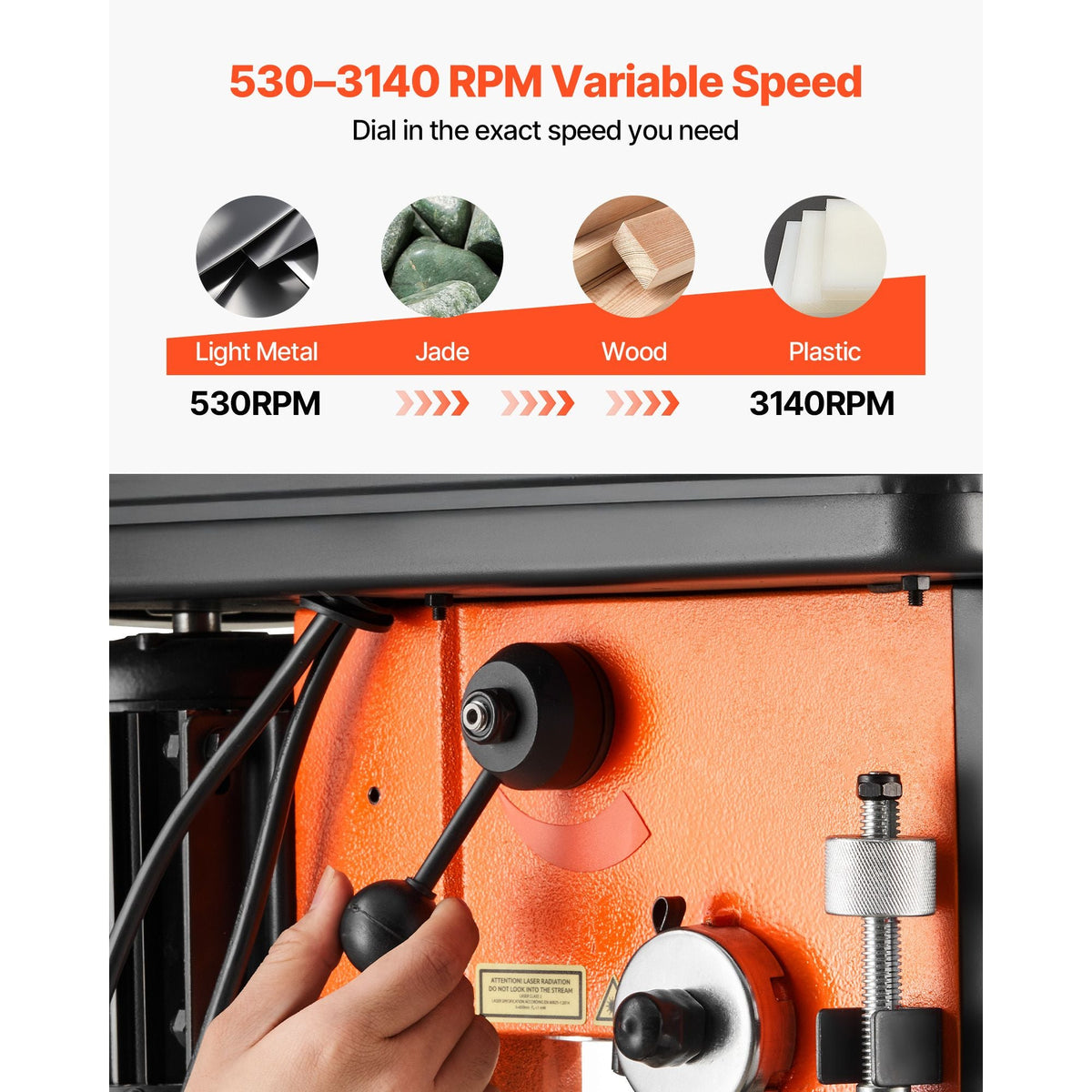 12-Inch Benchtop Drill Press, 6.2 Amp, 1 HP Bench Drill Press, 530 to 3140 RPM Variable Speed, 0-45° Tilting Worktable, with Laser and LED Work Light, Tabletop Drilling Machine, for Wood Metal