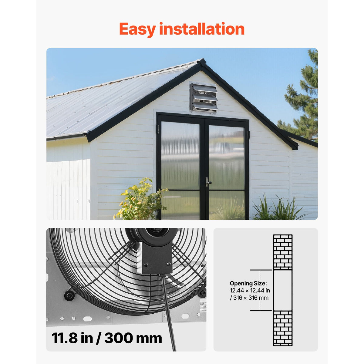12 Inch Shutter Exhaust Fan Wall Mounted 1347 CFM Automatic Louvers, Sturdy Steel Housing, Low Noise, AC Motor, Ventilation and Cooling for Attic, Garage, Barn, Greenhouse, Workshop, Silver