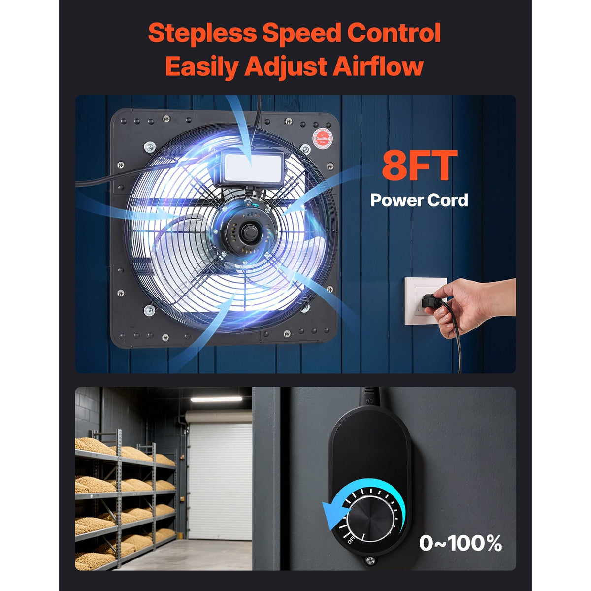 12 inch Shutter Exhaust Fan, Wall Mounted Attic Vent Fan with Variable Speed Controller, 1100 CFM, AC Motor, Heavy-duty Steel, Low Noise for Shed, Garage, Greenhouse Ventilation Cooling, Black