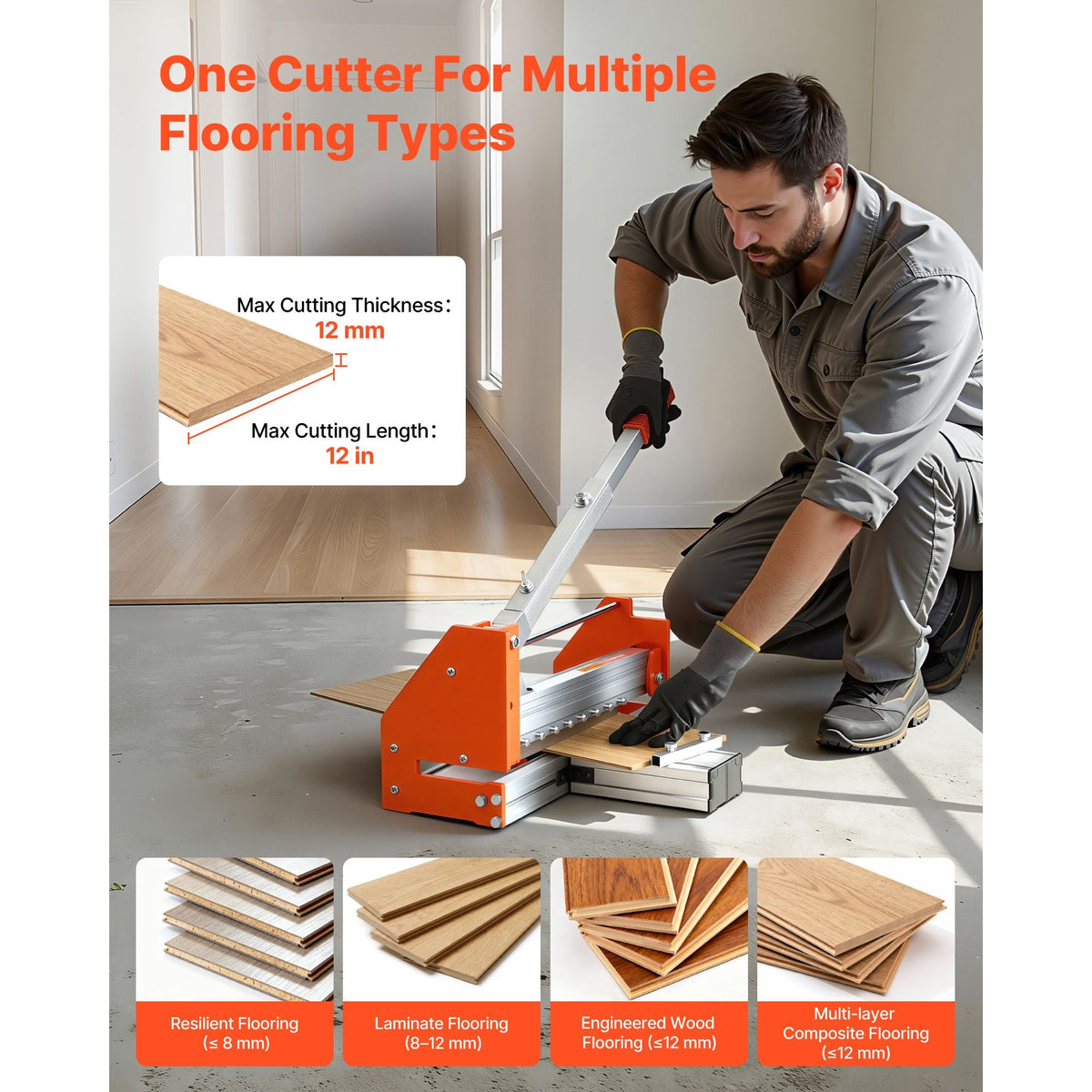 12 inch Vinyl Floor Cutter, 12mm Thick Laminate Flooring Cutter with Upgraded Labor-Saving Aluminum-Alloy Lever, Telescoping Support Plate, Cuts Certain Engineered Wood, LVT, VCT, SPC, LVP, WPC