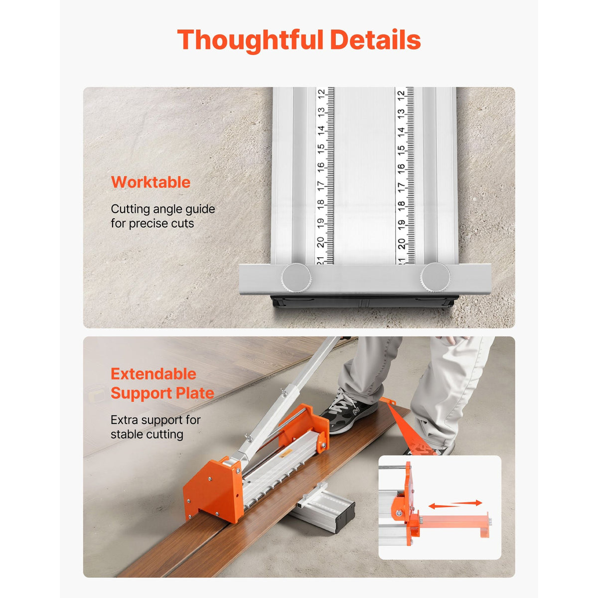 12 inch Vinyl Floor Cutter, 12mm Thick Laminate Flooring Cutter with Upgraded Labor-Saving Aluminum-Alloy Lever, Telescoping Support Plate, Cuts Certain Engineered Wood, LVT, VCT, SPC, LVP, WPC