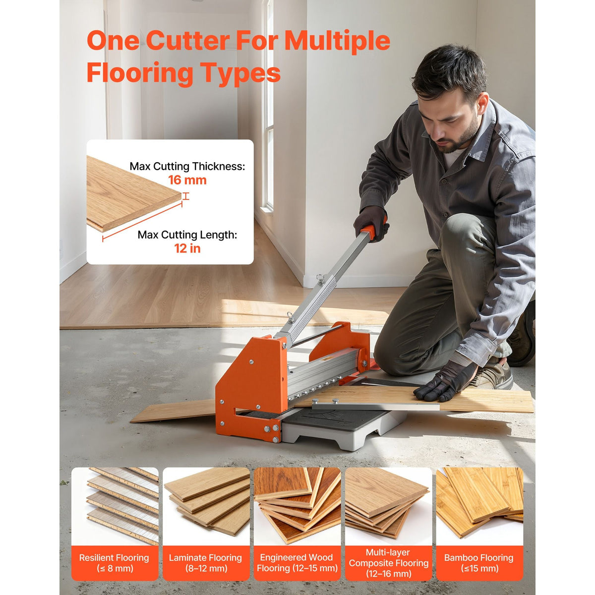 12 inch Vinyl Floor Cutter, 16mm Thick Laminate Flooring Cutter with Upgraded Labor-Saving Aluminum-Alloy Lever, Telescoping Support Plate, Cuts Engineered Wood, LVT, VCT, SPC, LVP, WPC