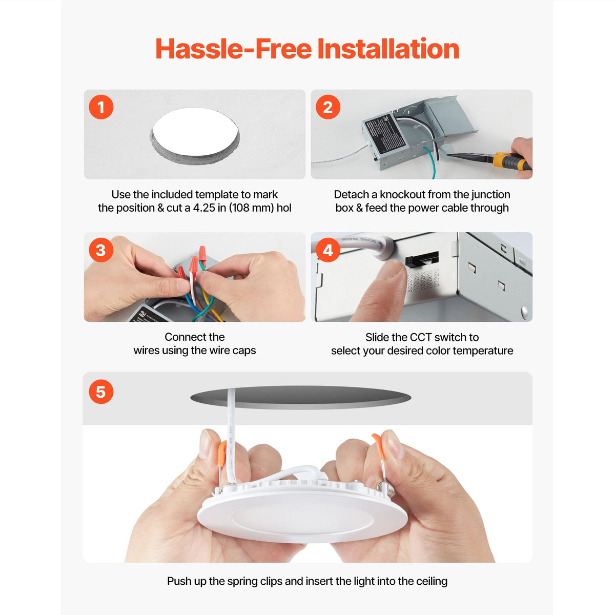 12 Pack 4 Inch LED Recessed Ceiling Light, 5CCT, Ultra-Thin Canless Wafer Downlight with Junction Box, 2700K/3000K/3500K/4000K/5000K Selectable, 800 LM High Brightness 9W 120V, for Home Lighting