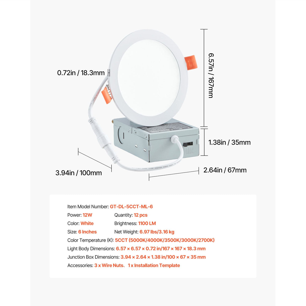 12 Pack 6 Inch LED Recessed Ceiling Light, 5CCT, Canless Wafer Downlight with Junction Box, 2700K/3000K/3500K/4000K/5000K Selectable, 1100 LM High Brightness 12W 120V, for Indoor Home Lighting