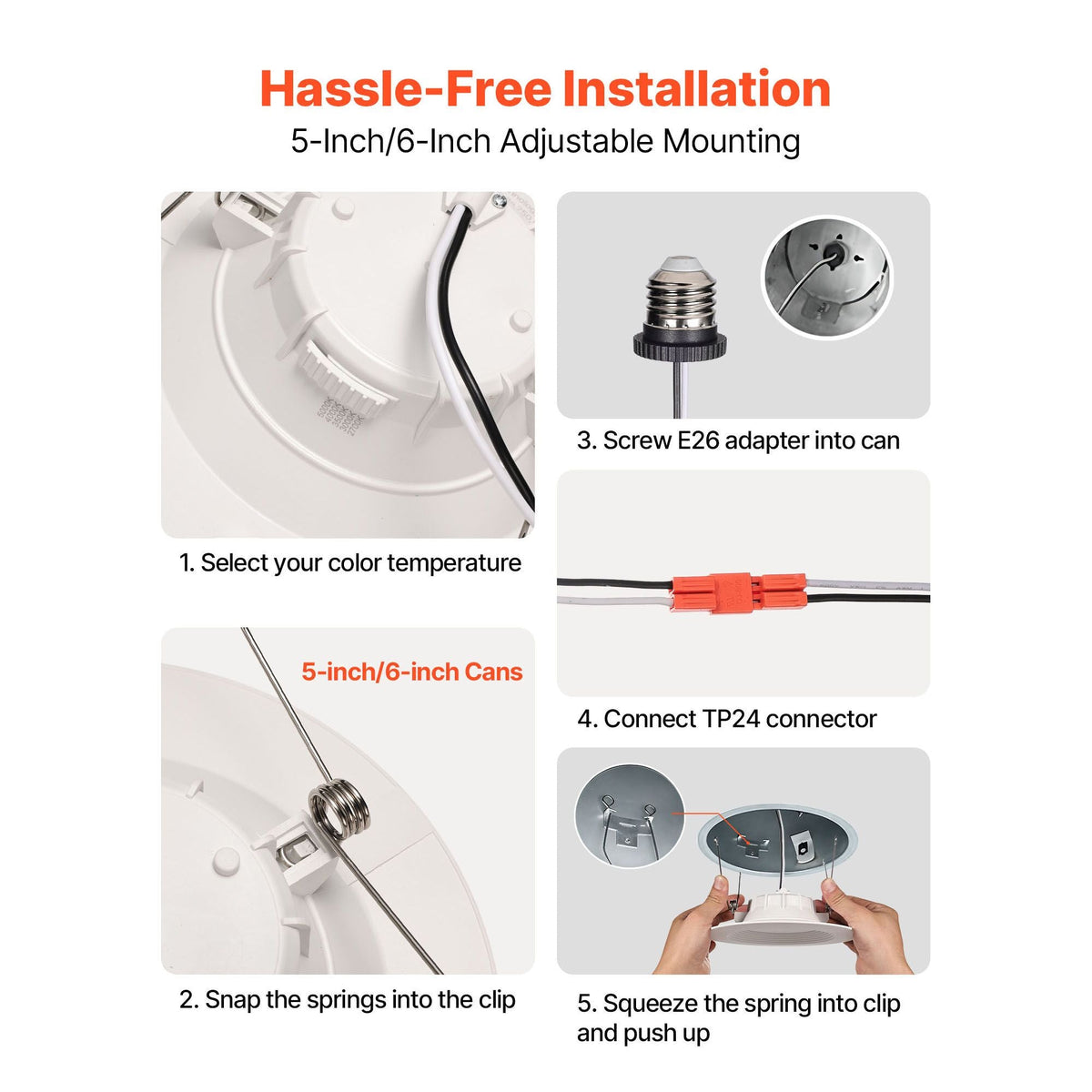 12 Pack LED Recessed Lighting, 5/6 Inch, Retrofit Can Lights, 1050 LM 13W 120V, Selectable 5CCT 2700K/3000K/3500K/4000K/5000K, 10% to 100% Dimmable, Compatible with E26 Base and TP24 Connector