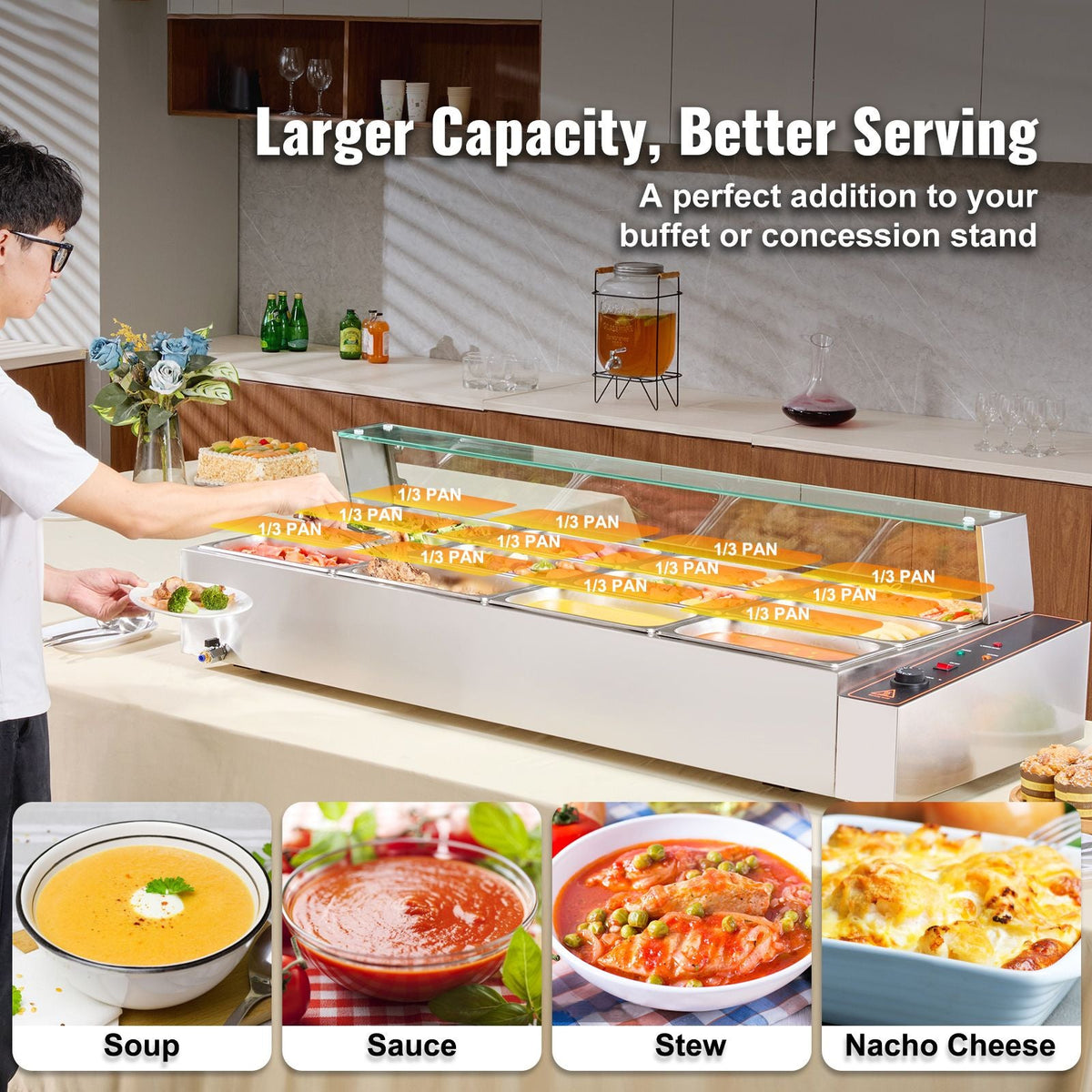 12-Pan Commercial Food Warmer, 12 x 5QT Electric Steam Table with Glass Cover, 1700W Countertop Stainless Steel Buffet Bain Marie 86-185 Fahrenheit Temp Control