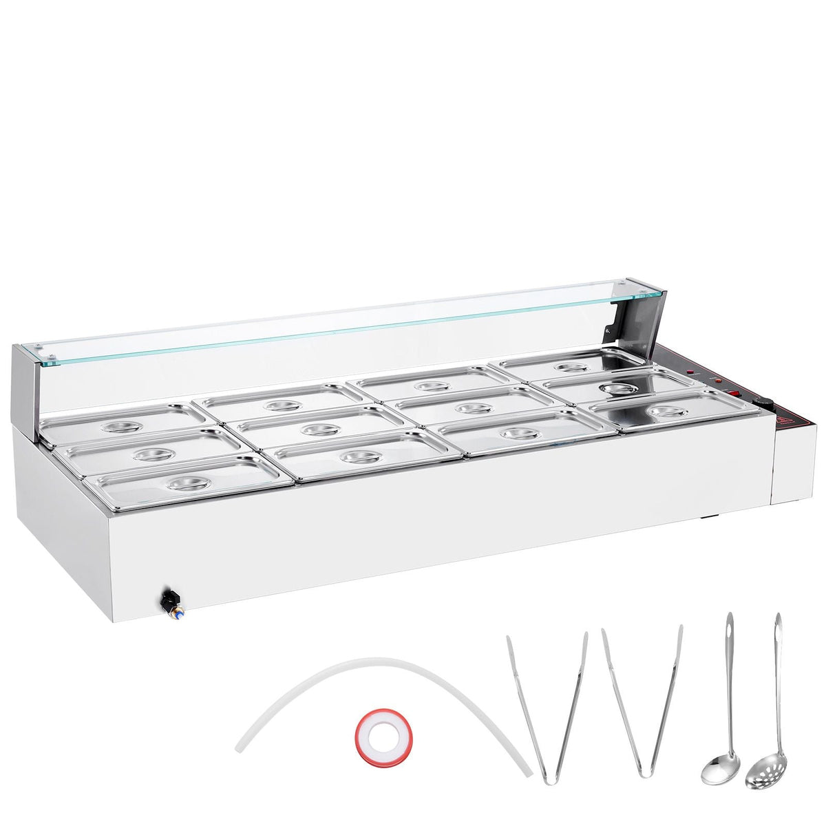 12-Pan Commercial Food Warmer, 12 x 5QT Electric Steam Table with Glass Cover, 1700W Countertop Stainless Steel Buffet Bain Marie 86-185 Fahrenheit Temp Control