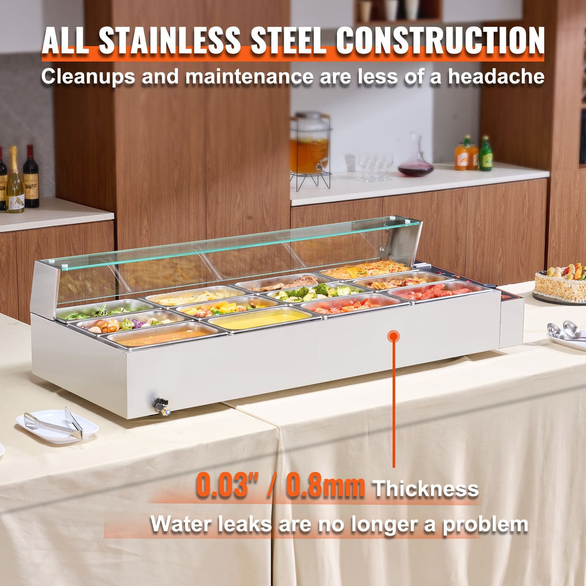 12-Pan Commercial Food Warmer, 12 x 5QT Electric Steam Table with Glass Cover, 3200W Countertop Stainless Steel Buffet Bain Marie w/ Thermometer 86-185 Fahrenheit Temp Control