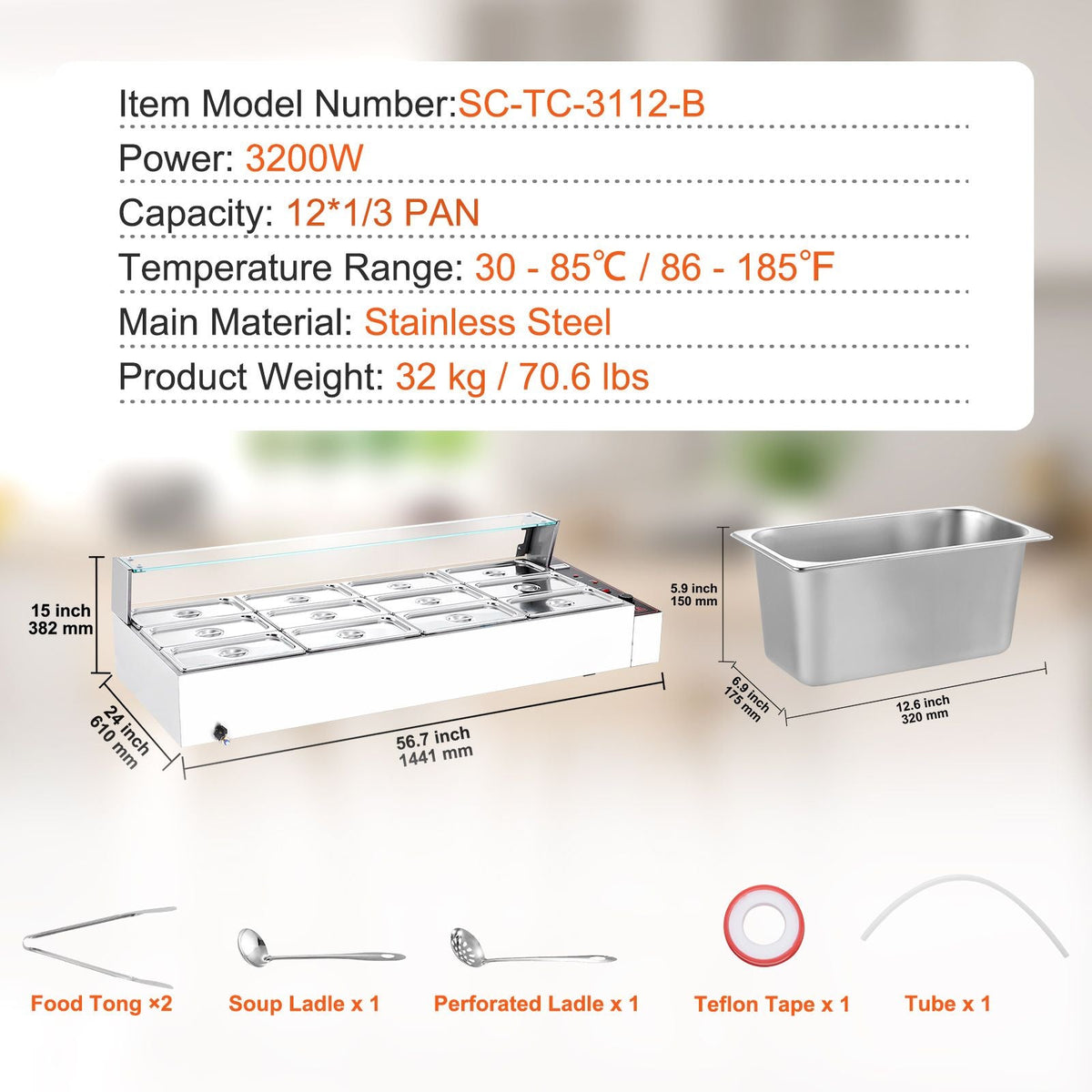 12-Pan Commercial Food Warmer, 12 x 5QT Electric Steam Table with Glass Cover, 3200W Countertop Stainless Steel Buffet Bain Marie w/ Thermometer 86-185 Fahrenheit Temp Control