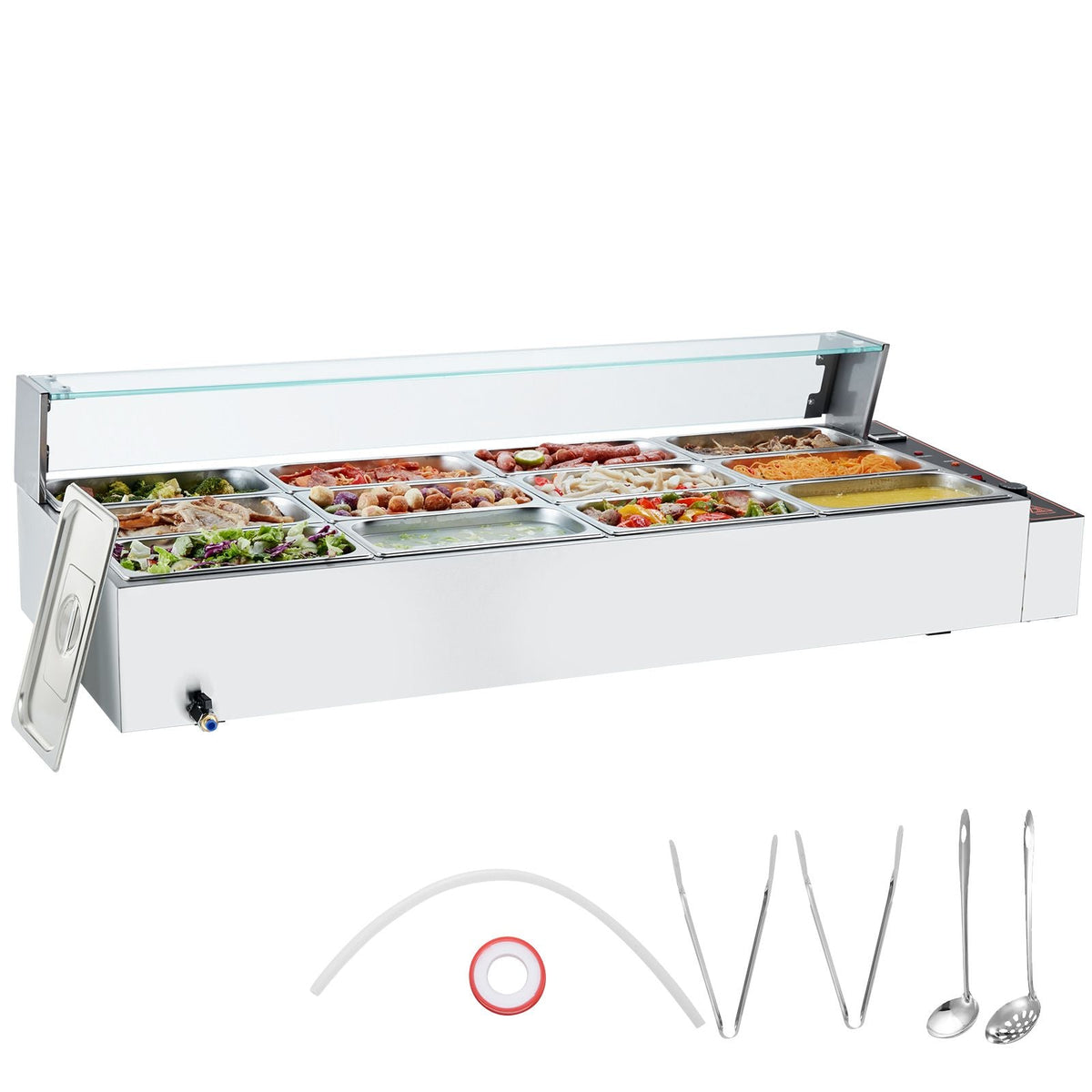 12-Pan Commercial Food Warmer, 12 x 5QT Electric Steam Table with Glass Cover, 3200W Countertop Stainless Steel Buffet Bain Marie w/ Thermometer 86-185 Fahrenheit Temp Control