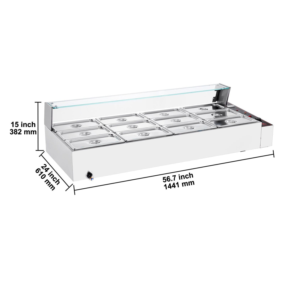 12-Pan Commercial Food Warmer, 12 x 5QT Electric Steam Table with Glass Cover, 3200W Countertop Stainless Steel Buffet Bain Marie w/ Thermometer 86-185 Fahrenheit Temp Control