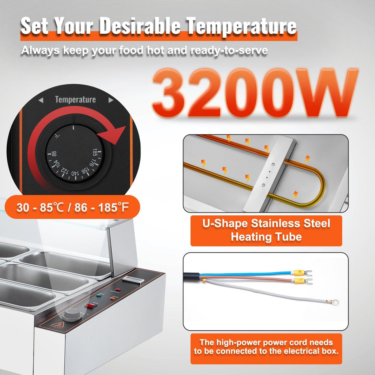 12-Pan Commercial Food Warmer, 12 x 5QT Electric Steam Table with Glass Cover, 3200W Countertop Stainless Steel Buffet Bain Marie w/ Thermometer 86-185 Fahrenheit Temp Control