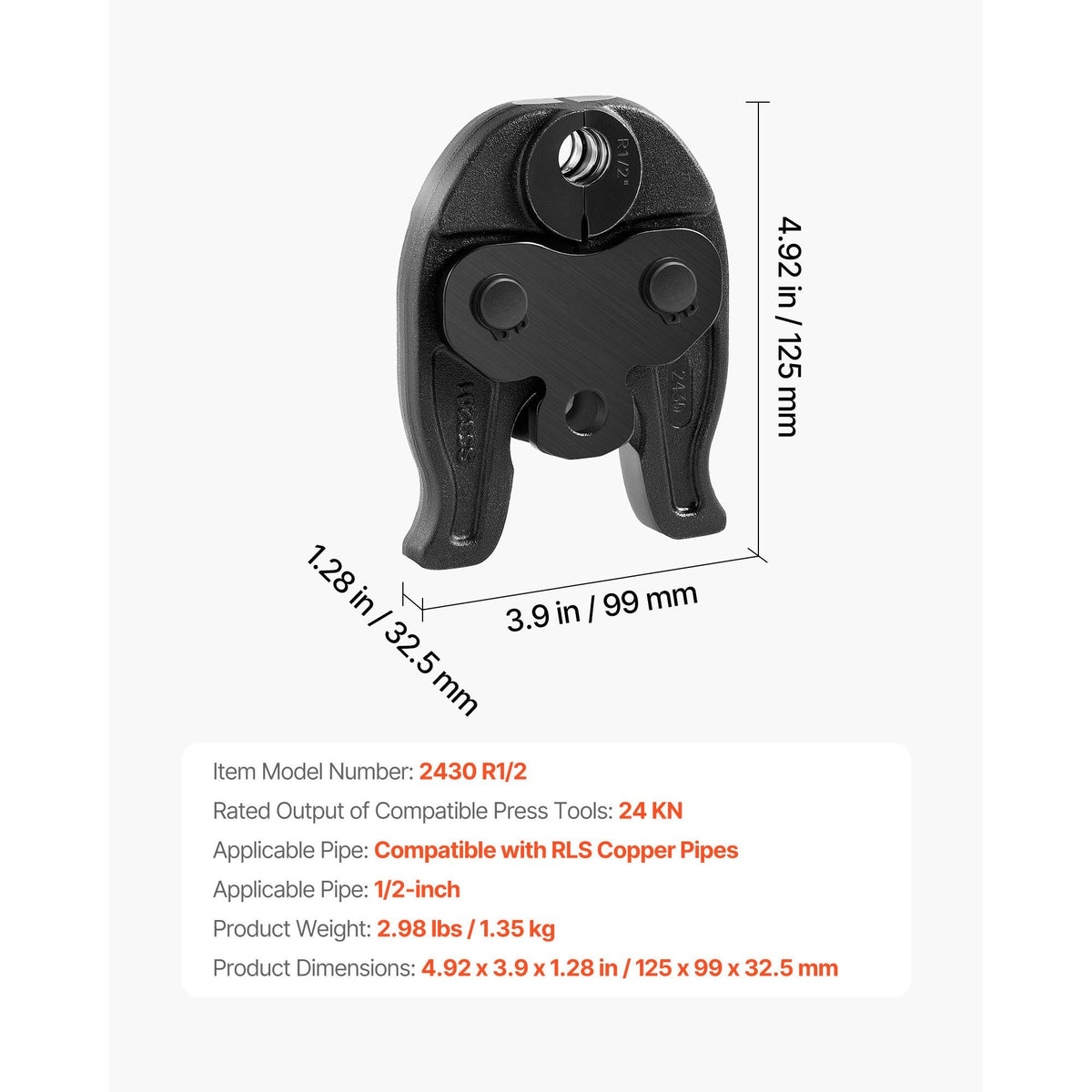 1/2" Press Jaw for Compact Series Press Tools, 52 HRC Hardened Steel Pressing Jaw for High Pressure HVAC/R Applications - Compatible with 24KN Press Tools for RLS Copper Pipes Connections