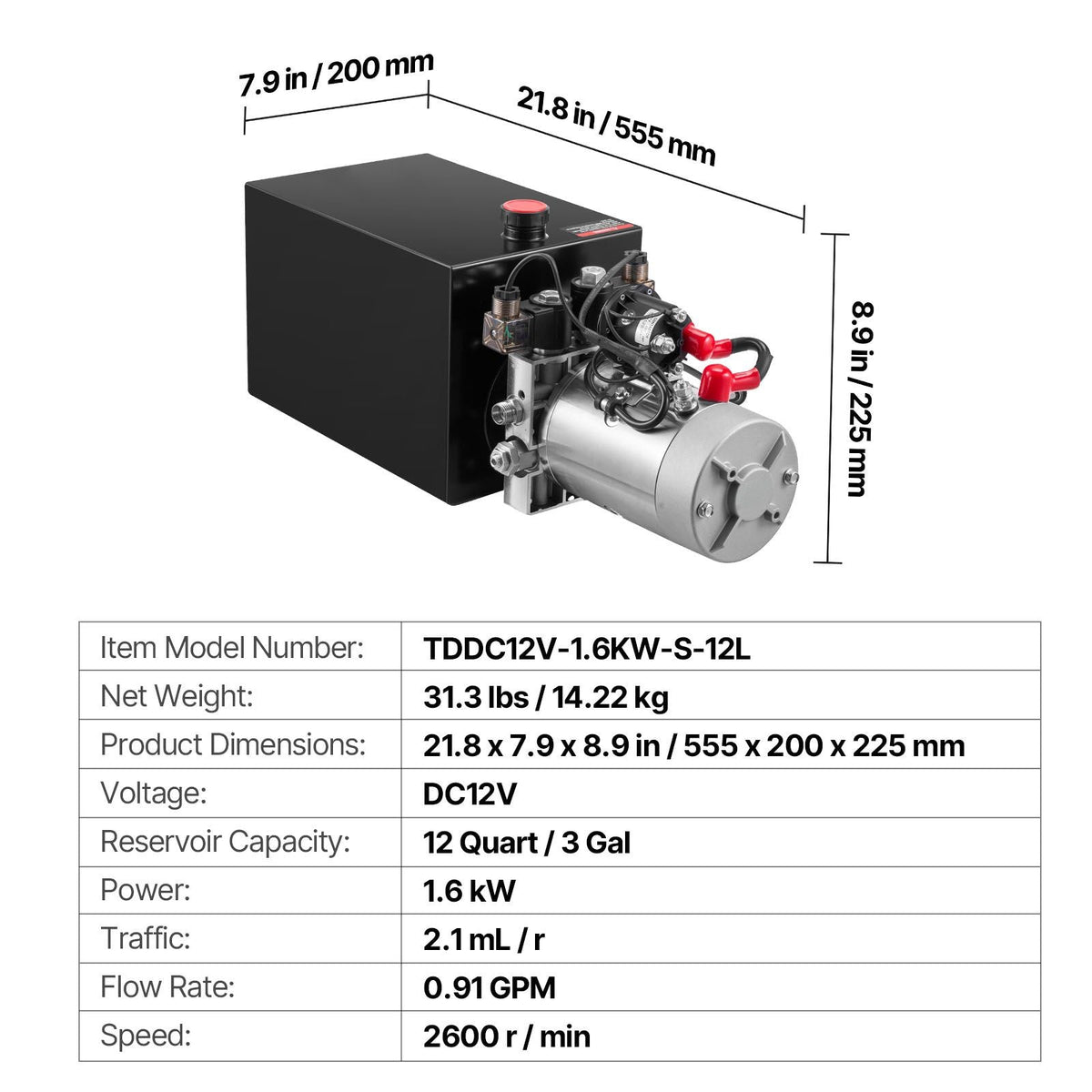 12 Quart Hydraulic Power Unit, Double Acting Dump Trailer Pump, 3200 PSI Max Relief Pressure & 0.91 GPM Flow Rate, DC 12V Hydraulic Pump with Metal Reservoir for Dump Trailer Car Lifting