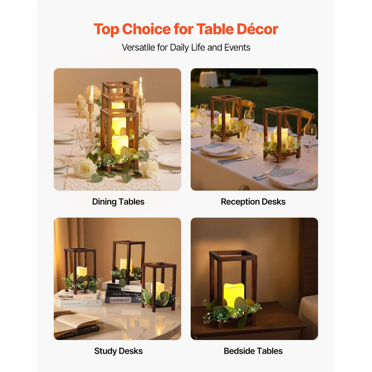 12 Set/36 Pcs Wooden Wedding Lantern Centerpiece, Includes 12 Wooden Lantern Candle Holder 12 Flameless LED Candle 12 Eucalyptus Leaves Wreath for Wedding Table Party Farmhouse Decor, Brown