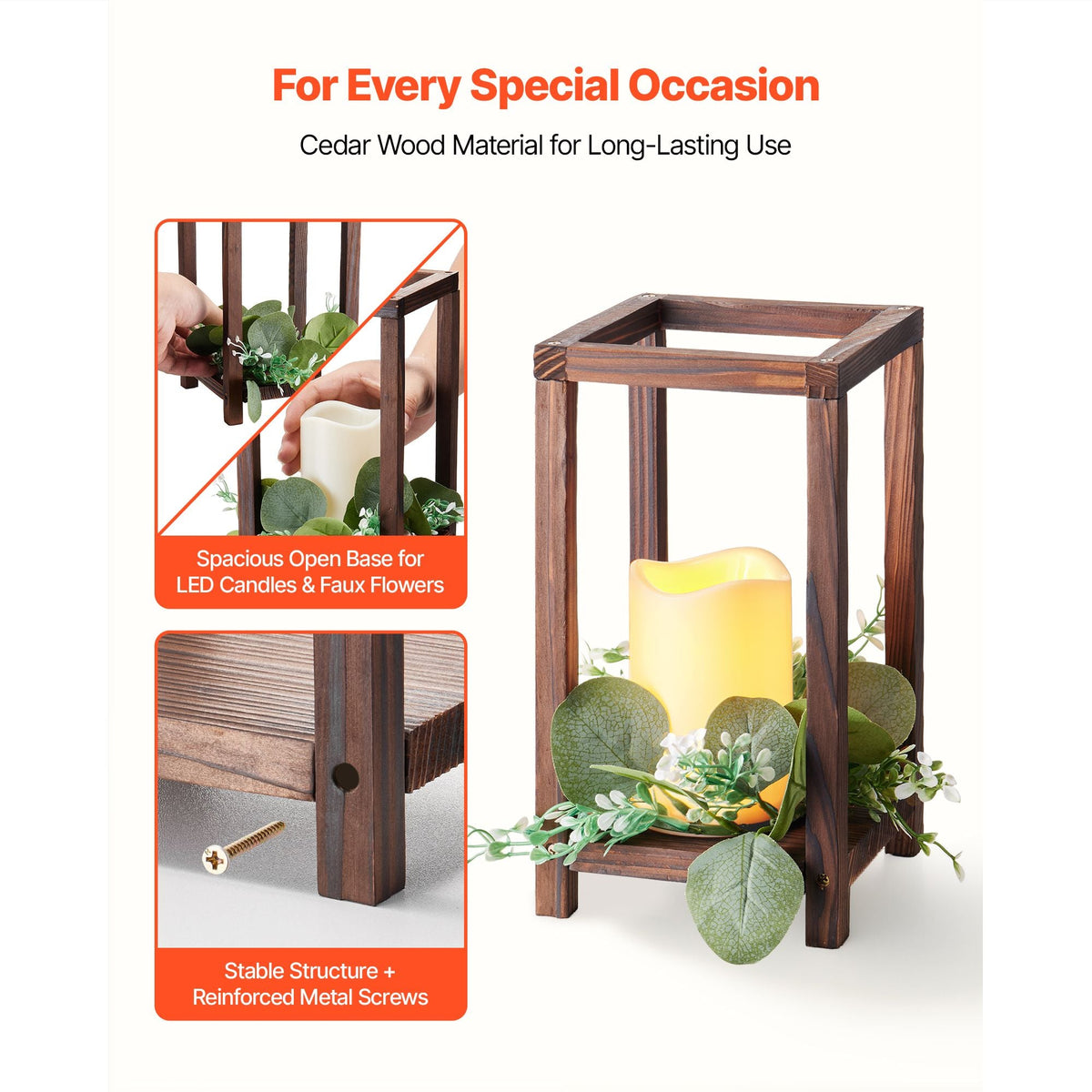 12 Set/36 Pcs Wooden Wedding Lantern Centerpiece, Includes 12 Wooden Lantern Candle Holder 12 Flameless LED Candle 12 Eucalyptus Leaves Wreath for Wedding Table Party Farmhouse Decor, Brown