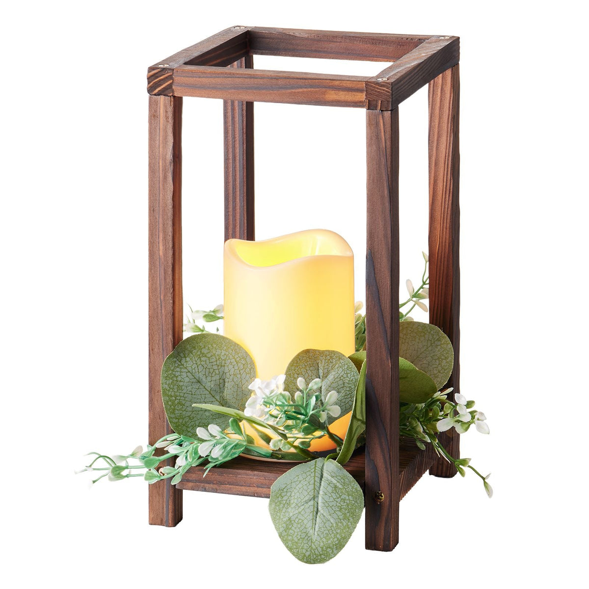 12 Set/36 Pcs Wooden Wedding Lantern Centerpiece, Includes 12 Wooden Lantern Candle Holder 12 Flameless LED Candle 12 Eucalyptus Leaves Wreath for Wedding Table Party Farmhouse Decor, Brown