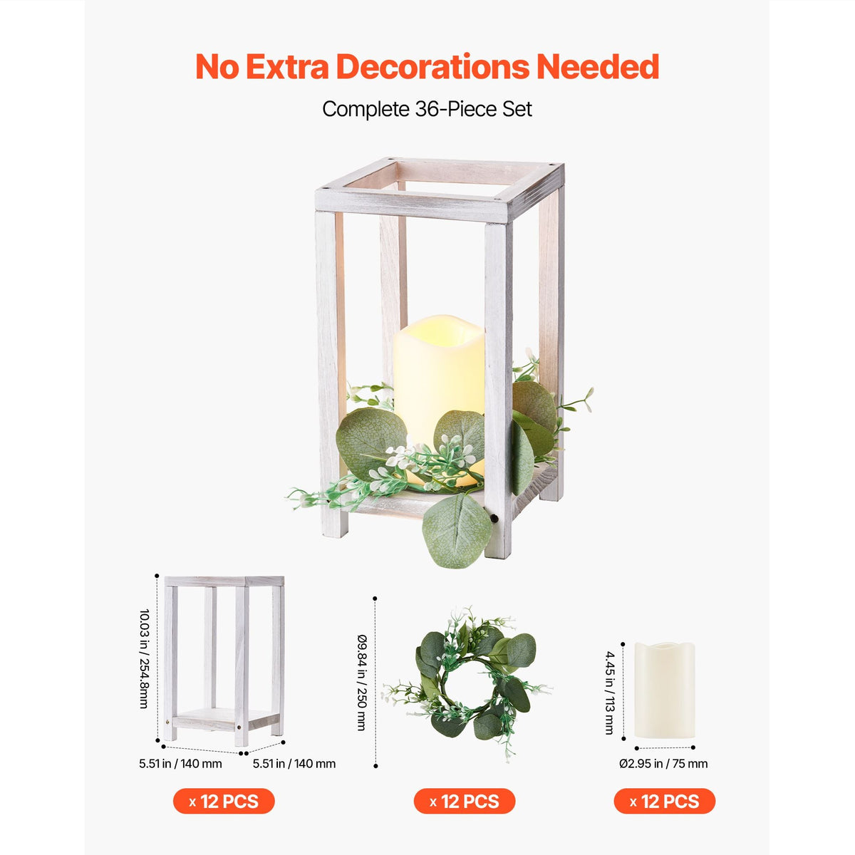 12 Set/36 Pcs Wooden Wedding Lantern Centerpiece, Includes 12 Wooden Lantern Candle Holder 12 Flameless LED Candle 12 Eucalyptus Leaves Wreath for Wedding Table Party Farmhouse Decor, White