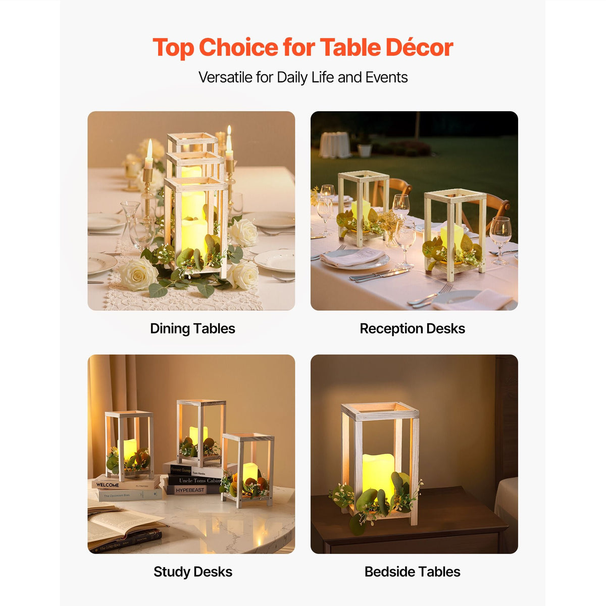 12 Set/36 Pcs Wooden Wedding Lantern Centerpiece, Includes 12 Wooden Lantern Candle Holder 12 Flameless LED Candle 12 Eucalyptus Leaves Wreath for Wedding Table Party Farmhouse Decor, White