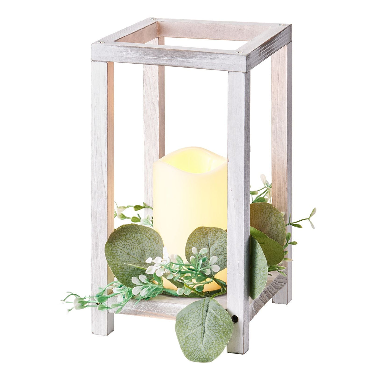12 Set/36 Pcs Wooden Wedding Lantern Centerpiece, Includes 12 Wooden Lantern Candle Holder 12 Flameless LED Candle 12 Eucalyptus Leaves Wreath for Wedding Table Party Farmhouse Decor, White