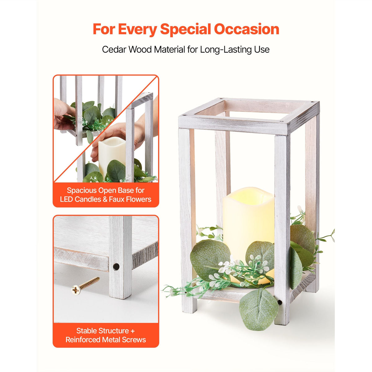 12 Set/36 Pcs Wooden Wedding Lantern Centerpiece, Includes 12 Wooden Lantern Candle Holder 12 Flameless LED Candle 12 Eucalyptus Leaves Wreath for Wedding Table Party Farmhouse Decor, White