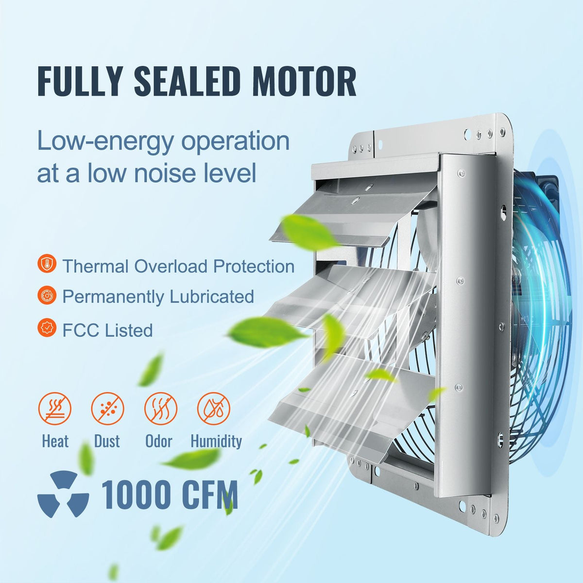 12'' Shutter Exhaust Fan, High-speed 1000 CFM, Aluminum Wall Mount Attic Fan with AC-motor, Ventilation and Cooling for Greenhouses, Garages, Sheds, Shops, FCC