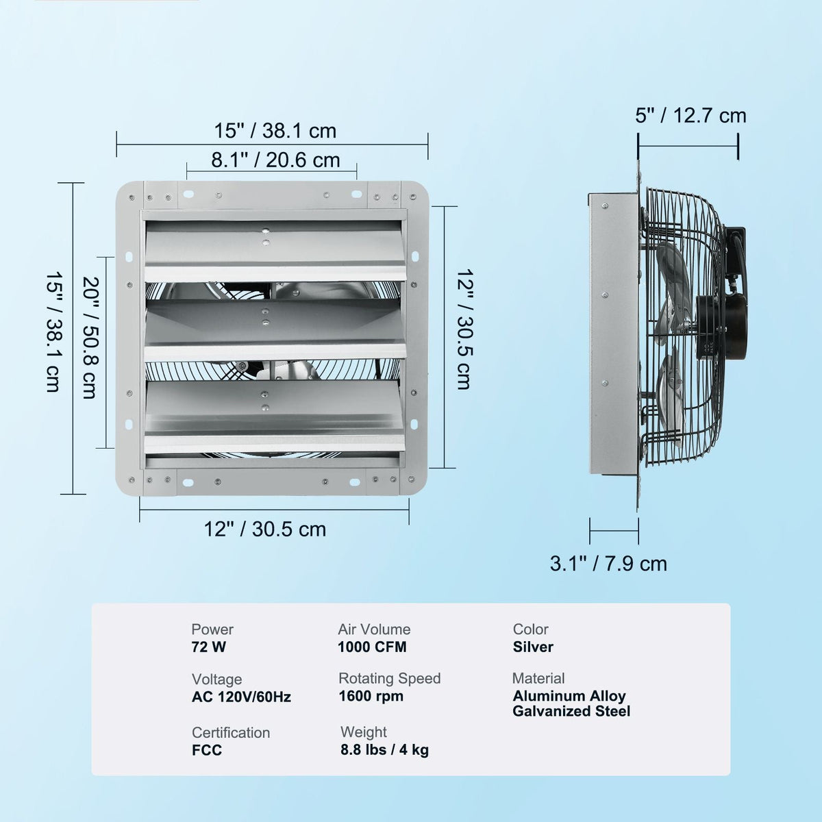 12'' Shutter Exhaust Fan, High-speed 1000 CFM, Aluminum Wall Mount Attic Fan with AC-motor, Ventilation and Cooling for Greenhouses, Garages, Sheds, Shops, FCC