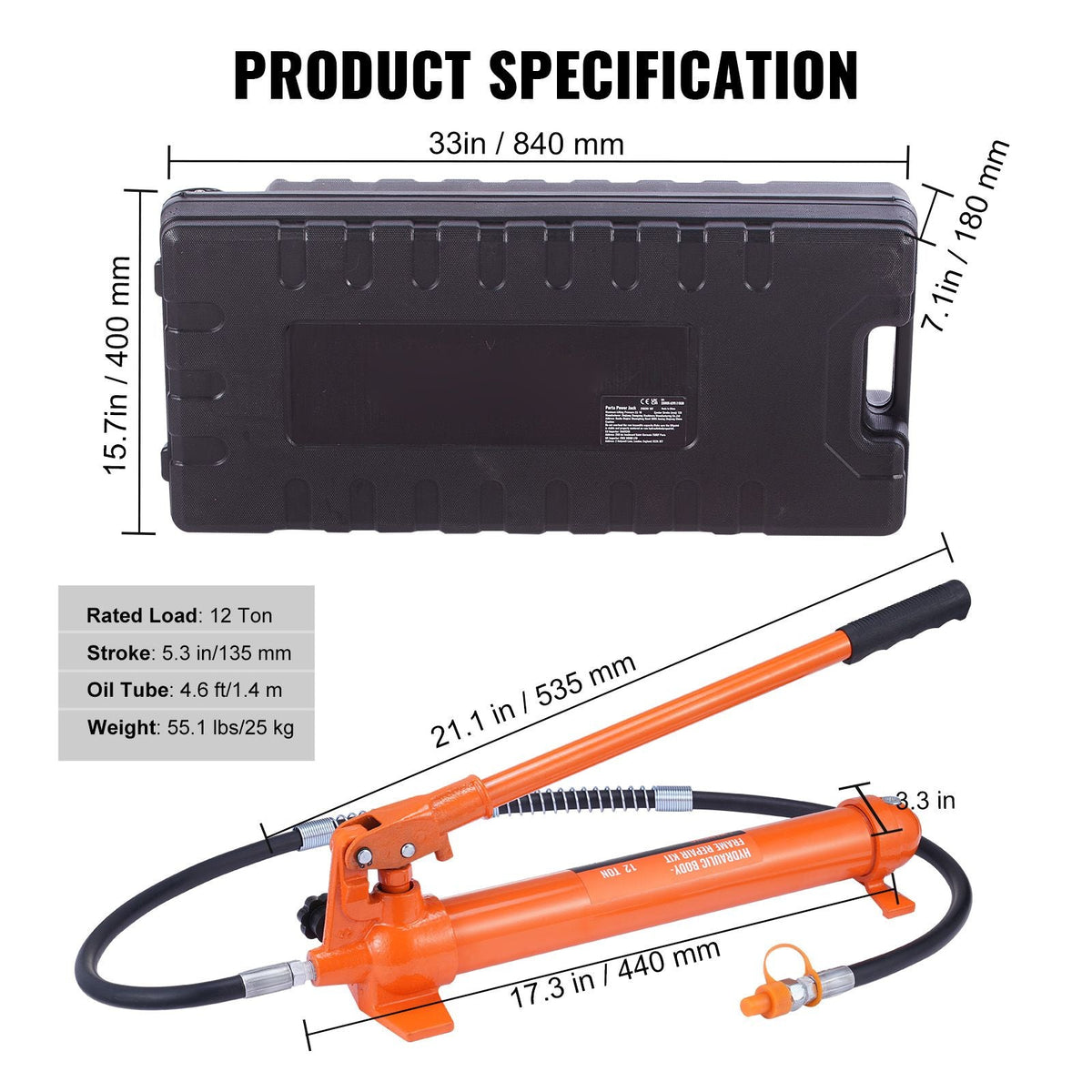 12 Ton Porta Power Kit, Hydraulic Ram with Pump with 4.6 ft/1.4 m Oil Hose, Portable Hydraulic Jack with Storage Case for Automotive, Garage, Farm, Mechanic (26455 LBS)