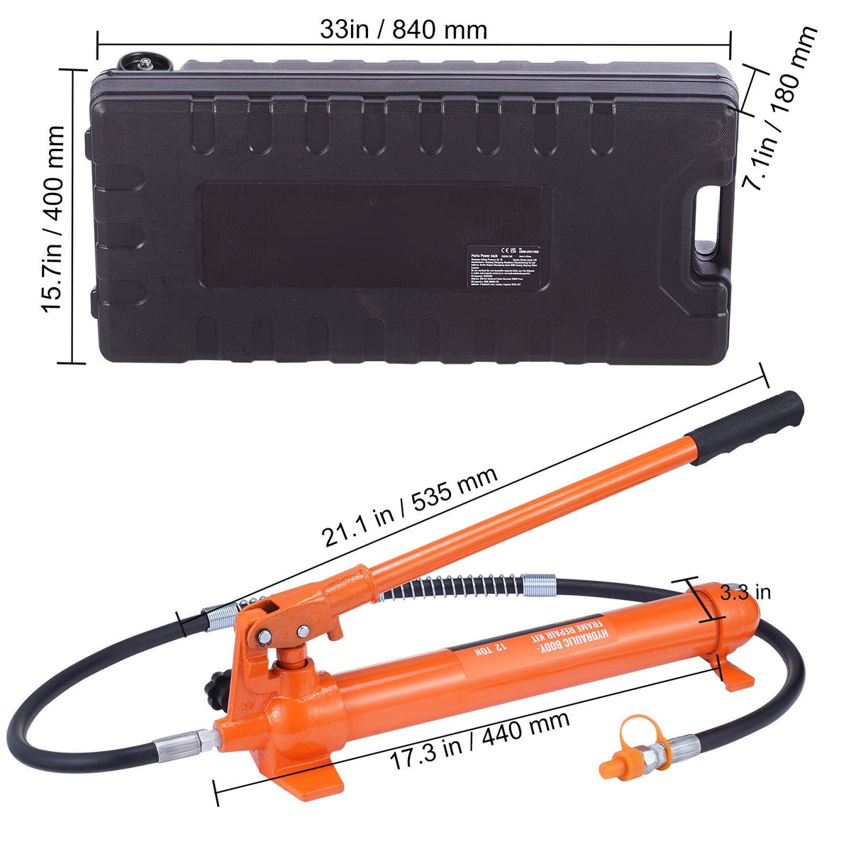 12 Ton Porta Power Kit, Hydraulic Ram with Pump with 4.6 ft/1.4 m Oil Hose, Portable Hydraulic Jack with Storage Case for Automotive, Garage, Farm, Mechanic (26455 LBS)
