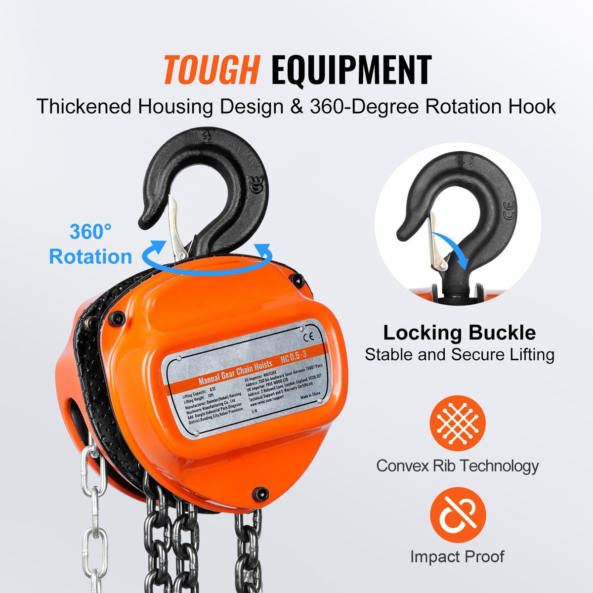 1/2 Ton/1100 LBS Hand Chain Hoist 10 FT Come Along, 1100 lbs Capacity G80 Galvanized Carbon Steel with Double-Pawl Brake, Auto Chain Leading & 360° Rotation Hook, for Garage Factory Dock