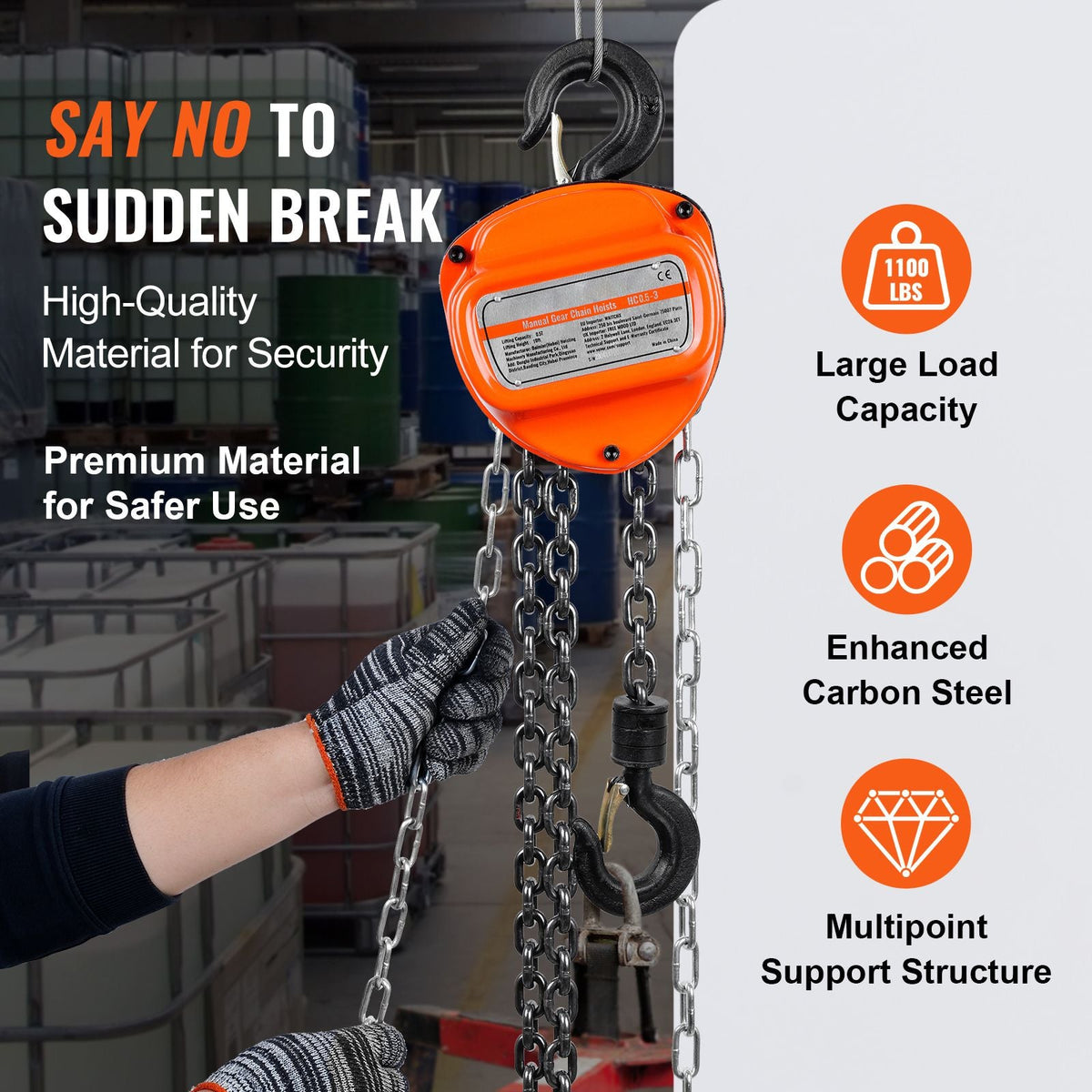 1/2 Ton/1100 LBS Hand Chain Hoist 10 FT Come Along, 1100 lbs Capacity G80 Galvanized Carbon Steel with Double-Pawl Brake, Auto Chain Leading & 360° Rotation Hook, for Garage Factory Dock