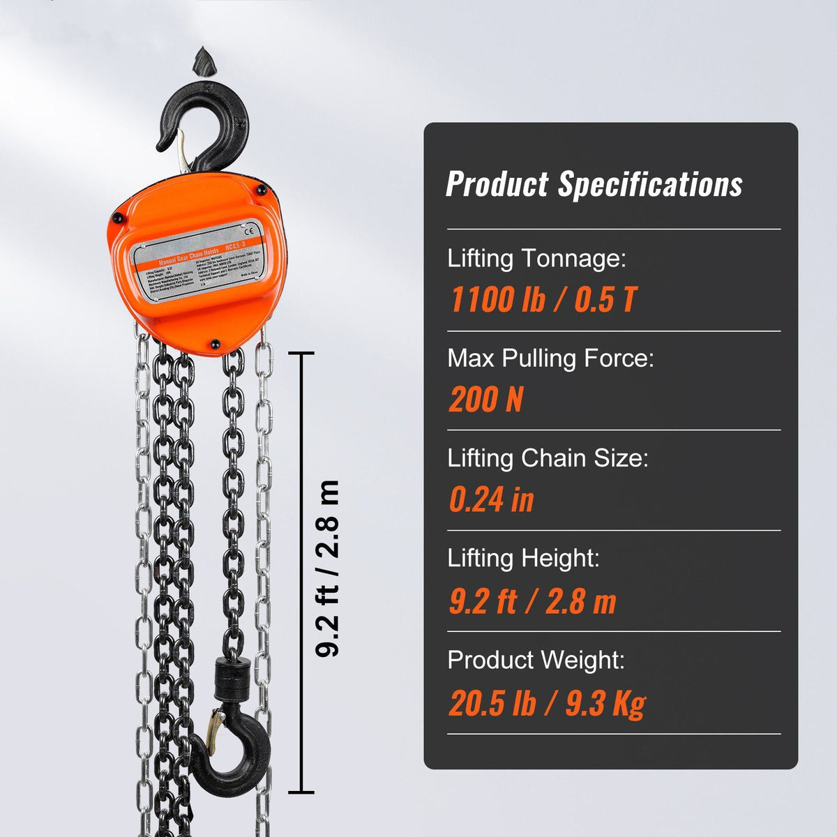 1/2 Ton/1100 LBS Hand Chain Hoist 10 FT Come Along, 1100 lbs Capacity G80 Galvanized Carbon Steel with Double-Pawl Brake, Auto Chain Leading & 360° Rotation Hook, for Garage Factory Dock