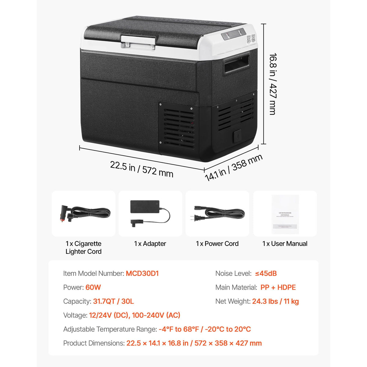 12 Volt Car Refrigerator, 31.7QT/30L Car Fridge, Portable Electric Cooler with -4-68 F Adjustable Temperature, 12/24V DC and 100- 240V AC Compressor Freezer for Outdoor, Camping, Travel, RV